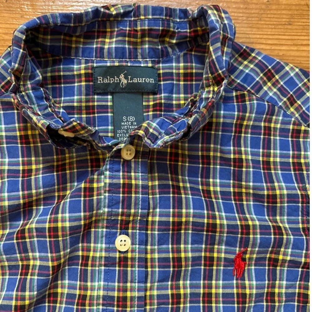 Ralph Lauren Plaid Button Down Kids Blue Excellent Long Sleeve Pony SIZE 10-12‎